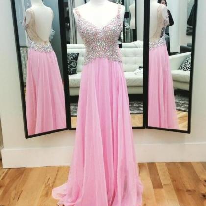 Sexy V-neck Prom Dress, Pink Rhinestone Prom..