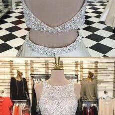 Custom Made White Beaded Sequin Two-piece Satin..
