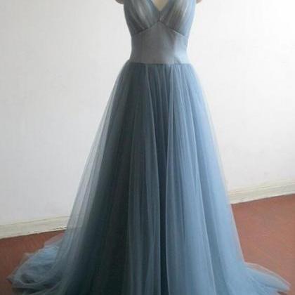Grey Blue Tulle Long Prom Dress,elegant Prom..