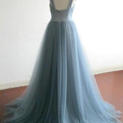 Grey Blue Tulle Long Prom Dress,elegant Prom..