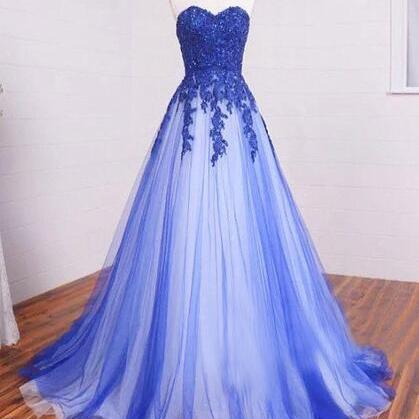 A-line Lace Tulle Long Prom Dresses, Sweetheart..