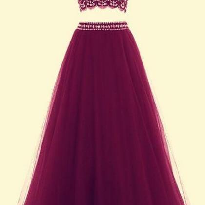 A Line Halter Long Burgundy Prom Dress,tulle Two..
