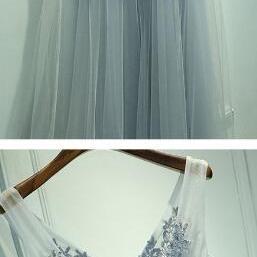 A-line Sleeveless Gray Long Prom Dress,v-neck Prom..