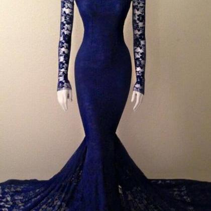 Navy Blue Prom Dress,soft Lace Long Sleeves Prom..