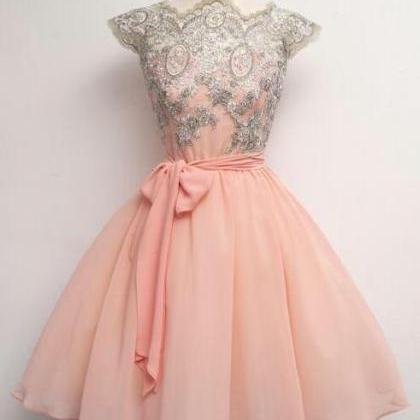 Skin Pink Prom Dress,chiffon Cap Sleeves Short..