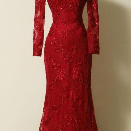 Lace Prom Dress,long Sleeves Sheath Evening Gown..
