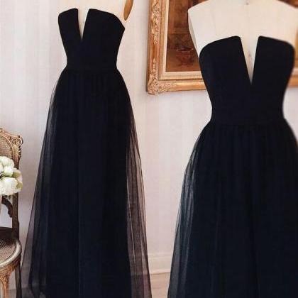Simple Strapless Black Prom Dress, Tulle Long Prom..