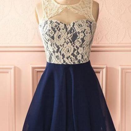 Cute Lace Homecoming Dress,round Neck Navy Blue..