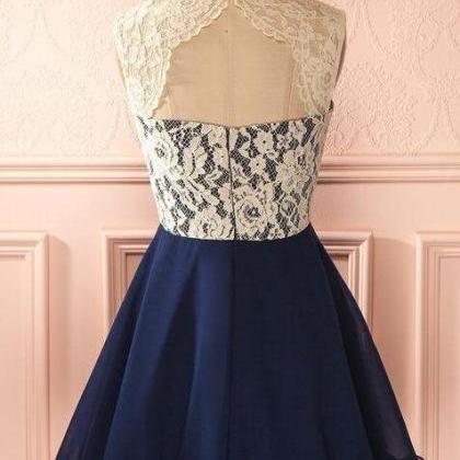 Cute Lace Homecoming Dress,round Neck Navy Blue..