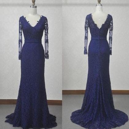 Long Sleeves Royal Blue Lace Prom Dress, Mermaid..