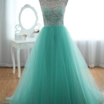 Floor Length Mint Tulle Prom Dress , Prom..