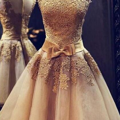 Champagne High Collar Prom Dress, Applique Prom..