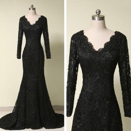 V Neck Lace Prom Dress,black Prom Dress,fashion..