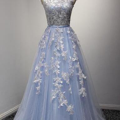 Elegant Blue Tulle Prom Dress, Sleeveless Long..