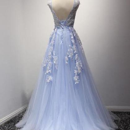 Elegant Blue Tulle Prom Dress, Sleeveless Long..