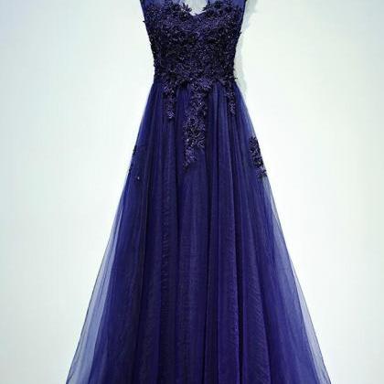 Charming Navy Blue Long Tulle Prom Dress, 2017..