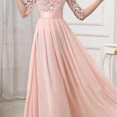 A Line Round Neck Prom Dress,half Sleeves Pink..