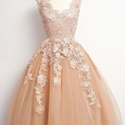 Champagne Ball Gown Lace Homecoming Dresses,v Neck..