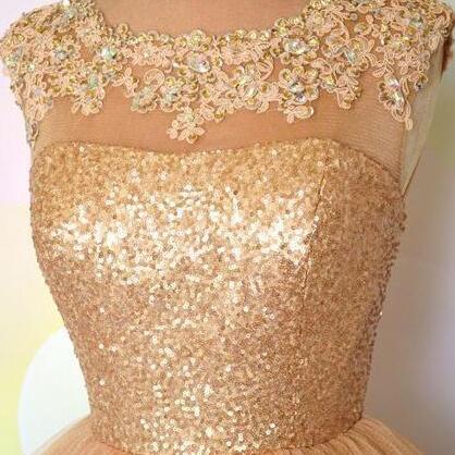 Gold Sequin Prom Dress, Open Back Short Homecoming..