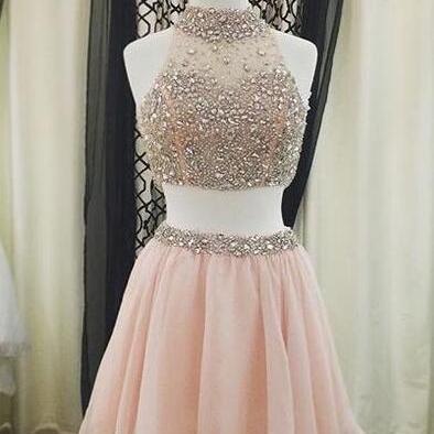 Two Pieces Pink Homecoming Dresses,beading Prom..