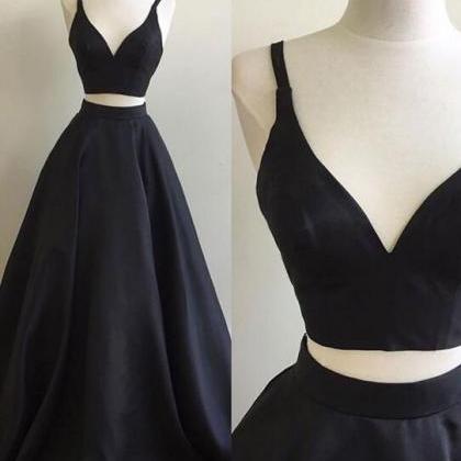 Simple Two Piece Prom Dress, Black Strap V Neck..