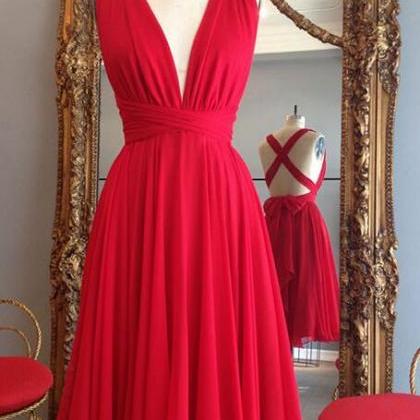 Simple V Neck Red Short Bridesmaid Dress,chiffon..