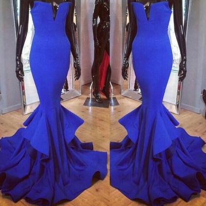Royal Blue Plunging Strapless Mermaid Long Prom..