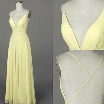Beautiful Simple Light Yellow Prom Dress, Cross..