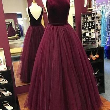 Beauty Tulle Burgundy Boat Neckline Prom Dress,..