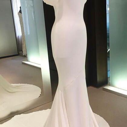 Off Shoulder Backless Prom Gown, White Prom..