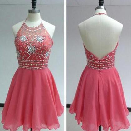 Short Pink Homecoming Dress, Short Halter Prom..