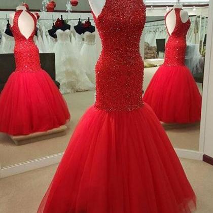 Sexy Red Prom Dress, Tulle Prom Dress,beading..