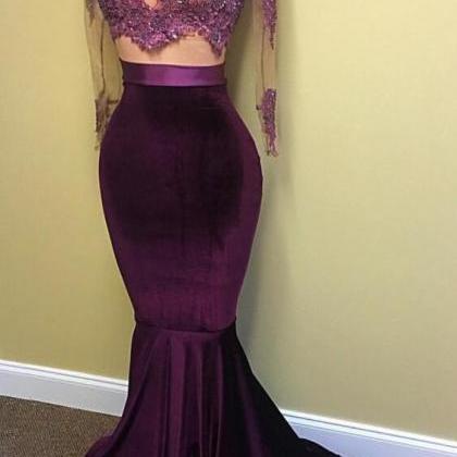 Velvet Two Piece Prom Dress With Long Sleeves,sexy..