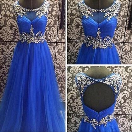 Beading Royal Blue Prom Dress, Open Back Prom..