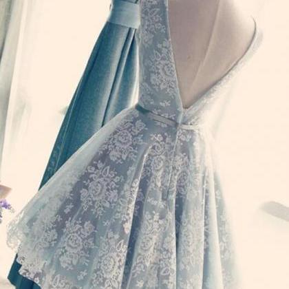 Backless Light Blue Lace Homecoming Dress With..