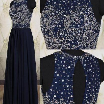 Navy Blue Prom Dresses,elegant Beading Evening..
