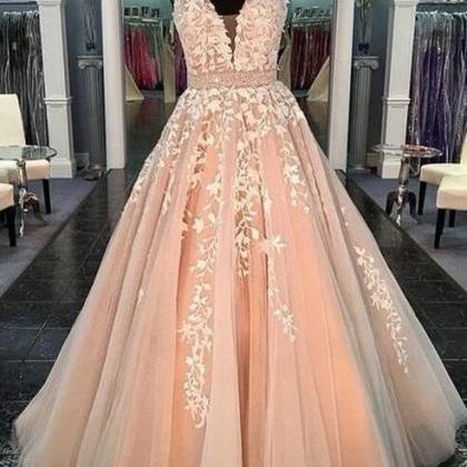 Tulle V-neck Prom Dress,lace Prom Dress,floor..
