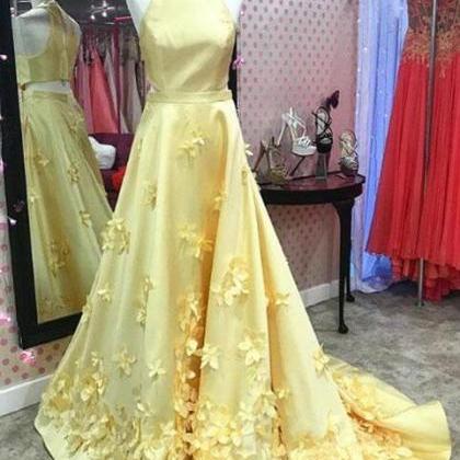 Yellow Satin Prom Dress,unique Prom Dress, Prom..