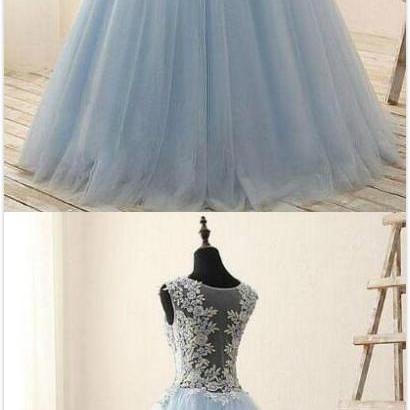 Light Blue Scoop Neck Prom Dress, Prom Dress,tulle..