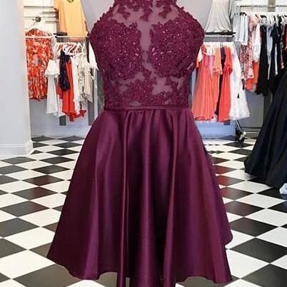 Burgundy Lace Prom Dress,short Prom Dress,chiffon..