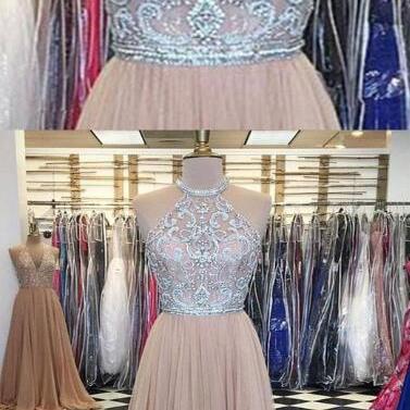 Champagne Tulle Strapless Prom Dress,beading Prom..
