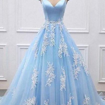 Sky Blue Prom Dress,lace Prom Dress,v-neck A-line..