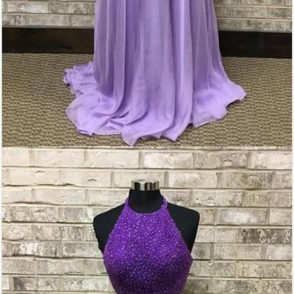 Lavender Two Piece Prom Dress,sexy Long Sleeveless..