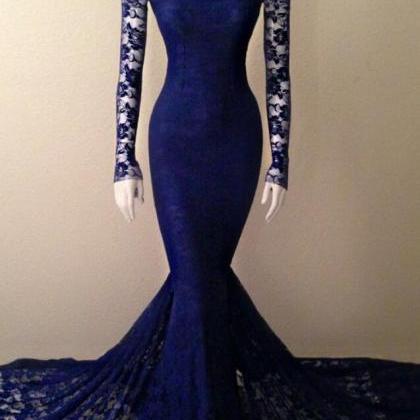 Navy Blue Prom Dress,long Sleeve Prom Dress,lace..
