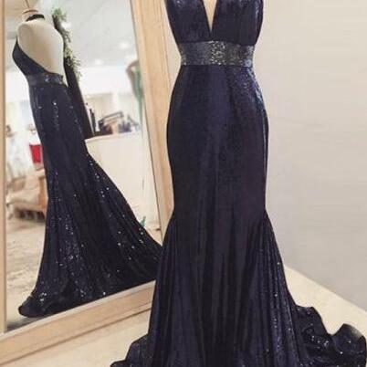 Navy Blue Sequined Prom Dress ,mermaid Halter Prom..