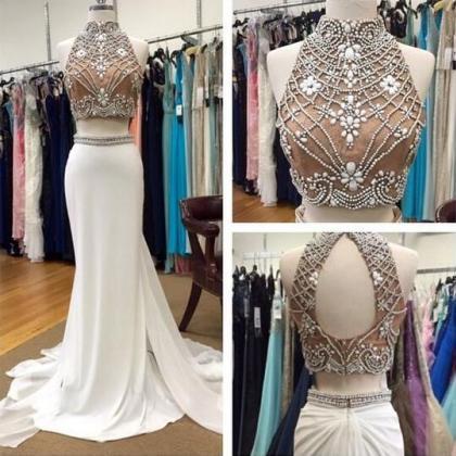 Two Piece Prom Dresses,beading Prom Dress,backless..