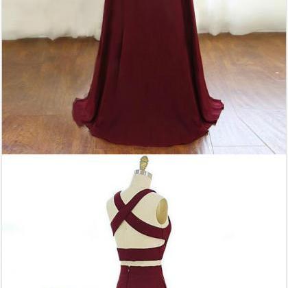 Two Piece Prom Dress,burgundy Prom Dress,v Neck..