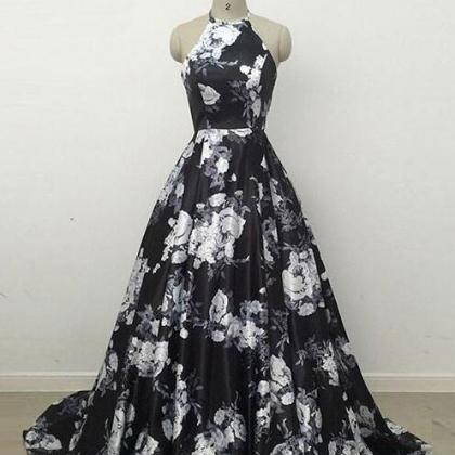 Black Flower Prom Dress,printing Prom Dress,sexy..