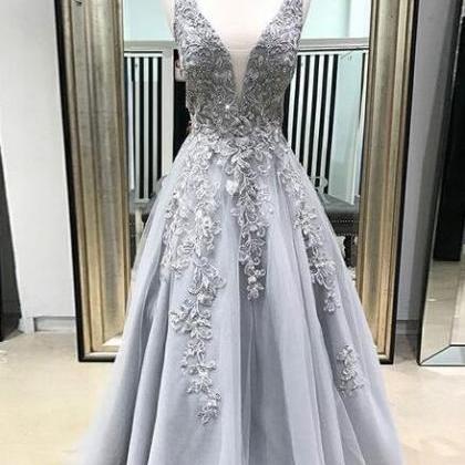 Deep V Neck Lace Prom Dress,long Prom Dresses With..