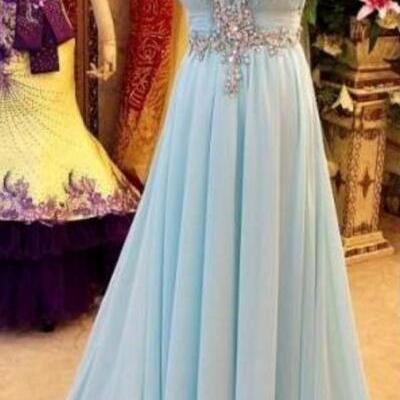 Light Blue Chiffon Prom Dress ,v-neck With A..